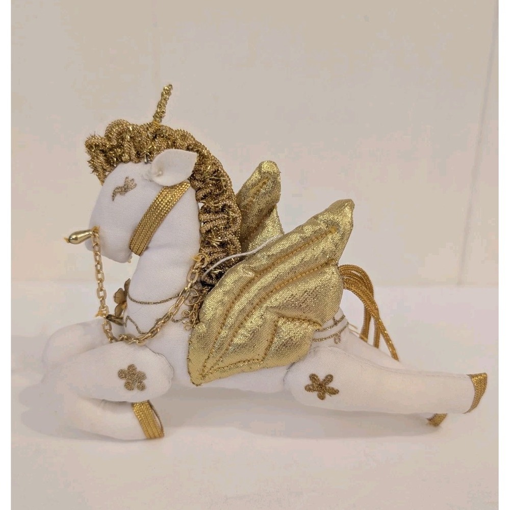 Flying Unicorn Pegasus Christmas Ornament Plush White Gold 6" Fairytale Mystical